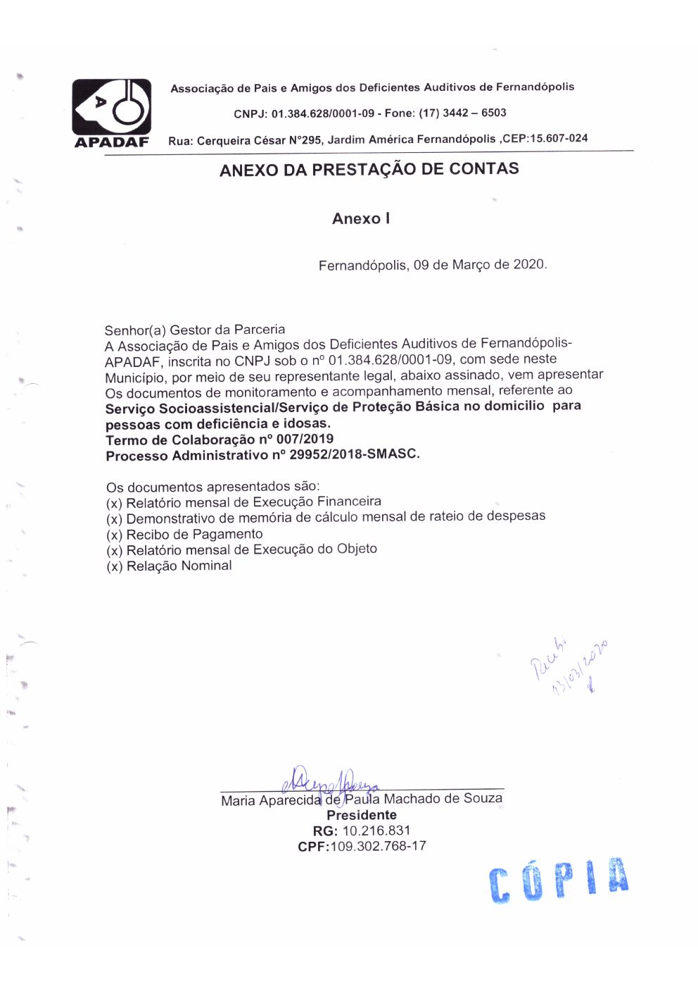 Página 1 de Prestação de Contas Mensal — Proteção Social Básica — Março/2020