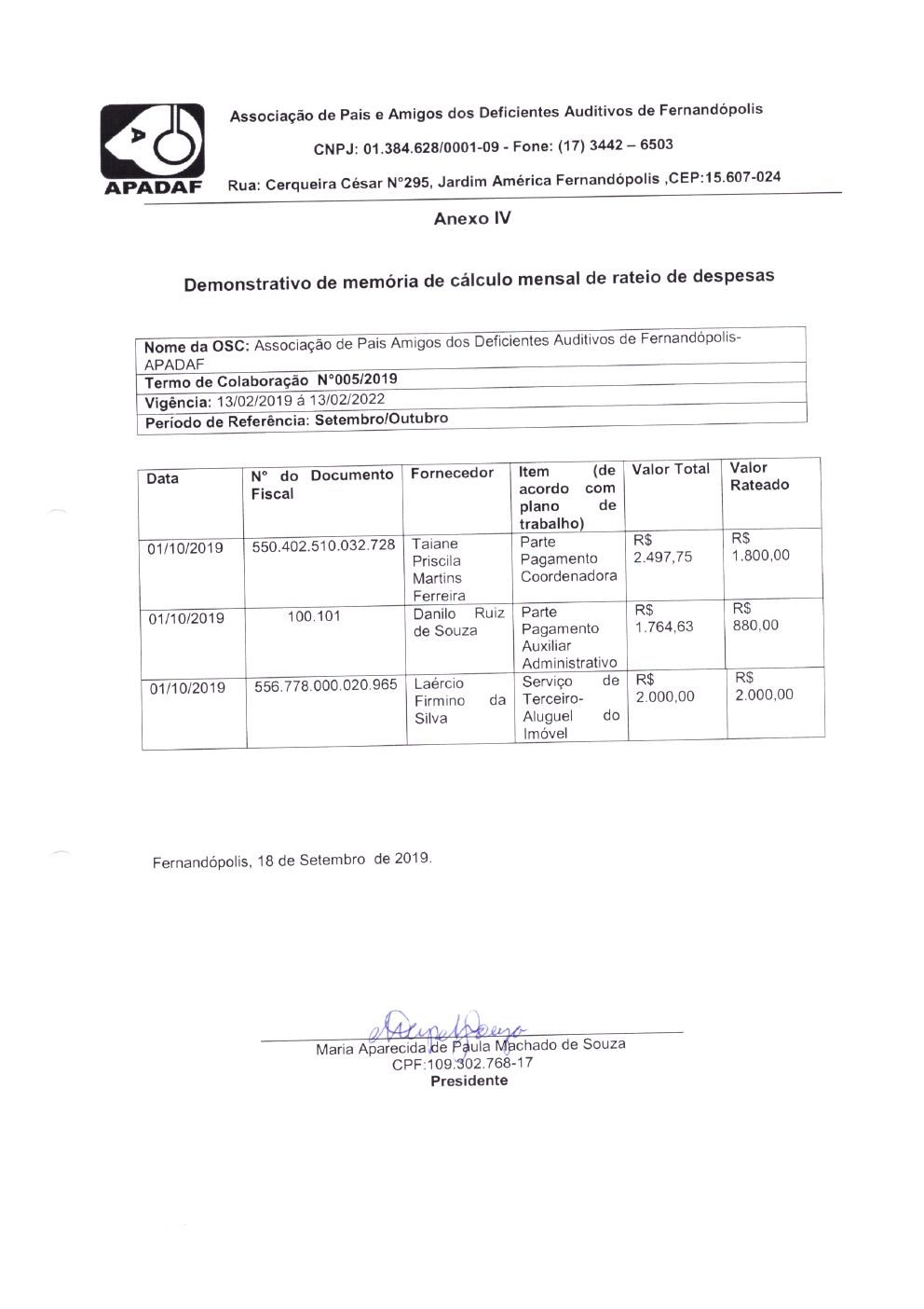Página 2 de Prestação de Contas Mensal — Média Complexidade — 8ª Parcela — Setembro/2019