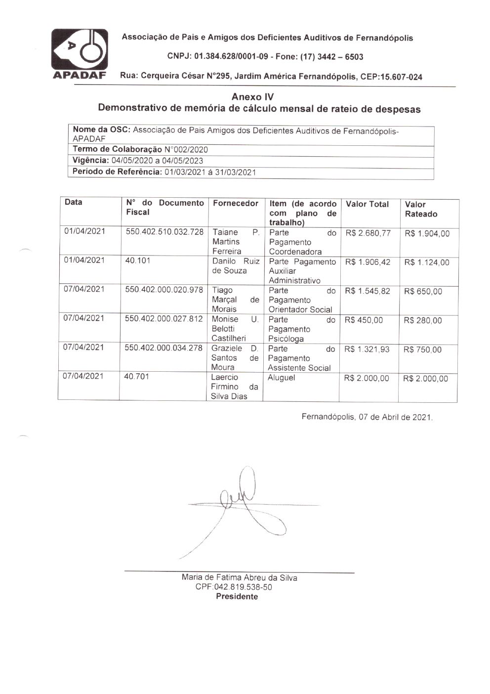 Página 4 de Prestação de Contas Mensal — Habilitação e Reabilitação — 3ª Parcela — Abril/2021