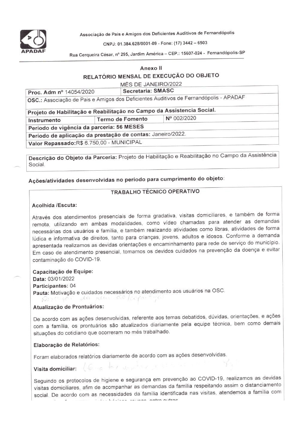 Página 6 de Prestação de Contas Mensal — Habilitação e Reabilitação — 1ª Parcela — Fevereiro/2022