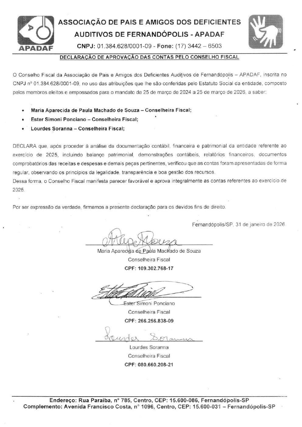 Página 1 de DECLARAÇÃO DE APROVAÇÃO DAS CONTAS PELO CONSELHO FISCAL